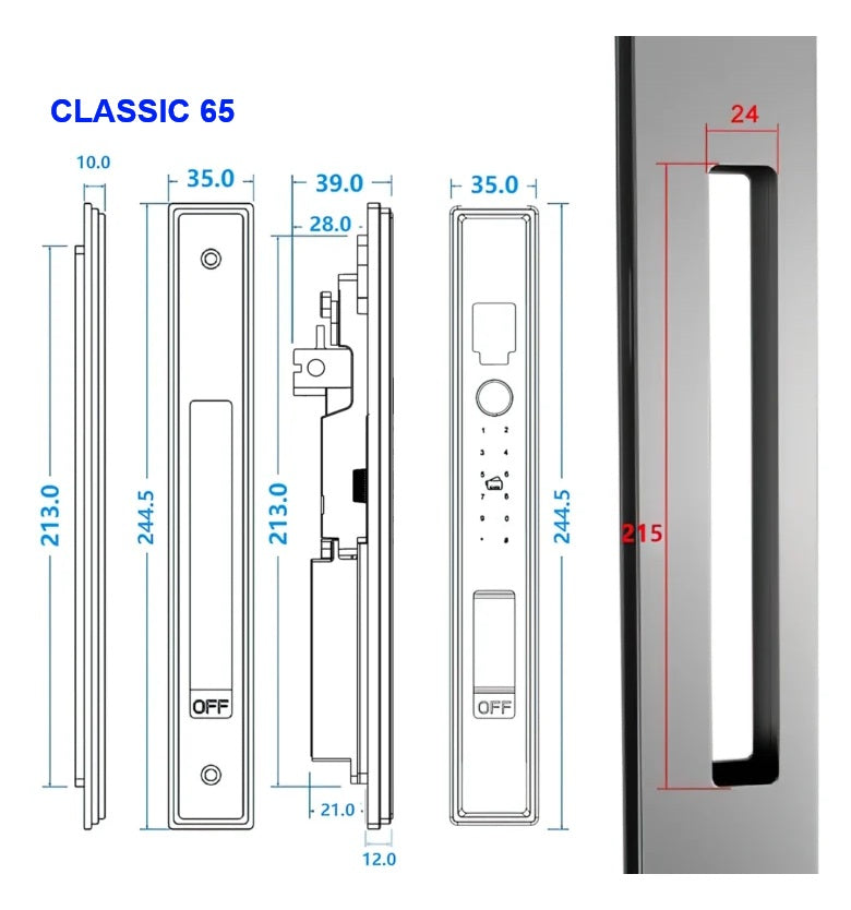 Fechadura Eletrônica Gräd - Classic 65 - Prata - Direira/Esquerda, para portas de perfil estreito.